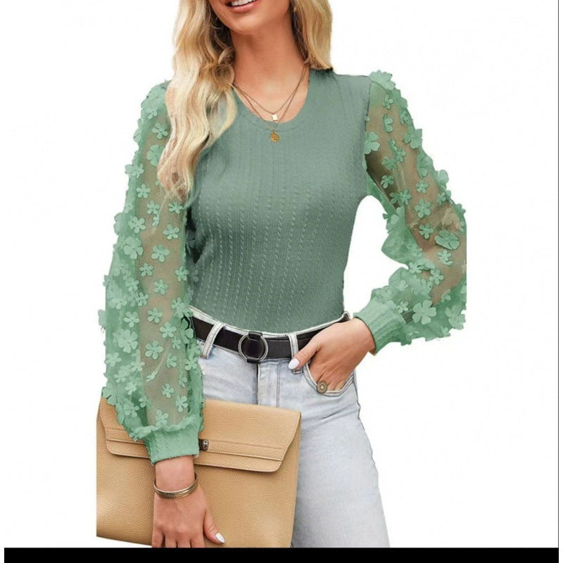 Wolff Rundhals Langarmshirt für Damen aus Chiffon mit Mesh und kleinen Blumen