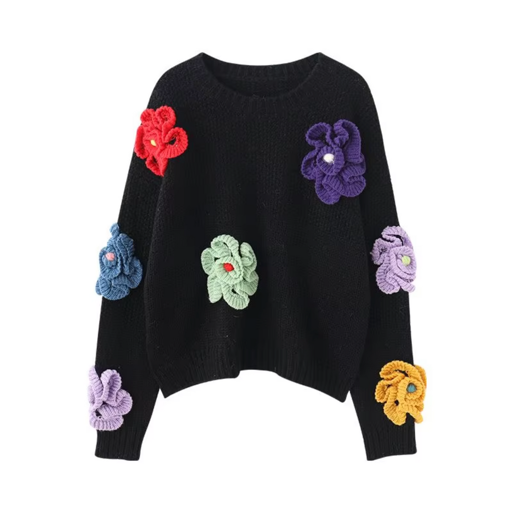 – Vintage 3D-Blumen-Strickpullover