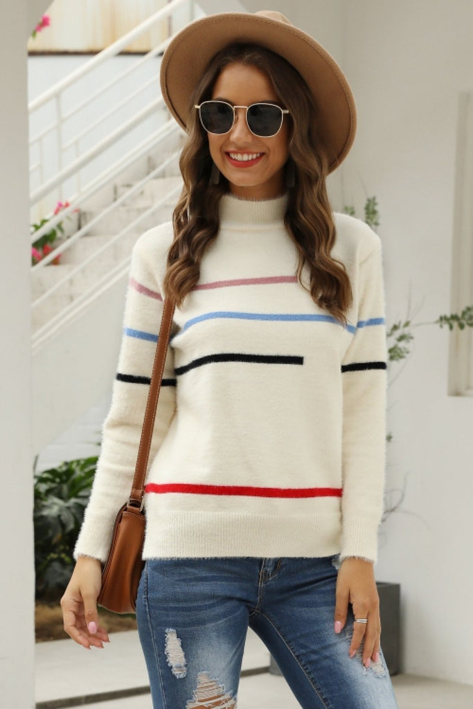 WOLFF Fluffy Stripe Hoher Kragen Lockere Sweatshirt