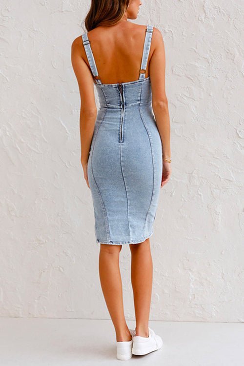 Wolff Denim Kleid | Trendy Denim ärmelloses Kleid mit Schlitz für Frauen