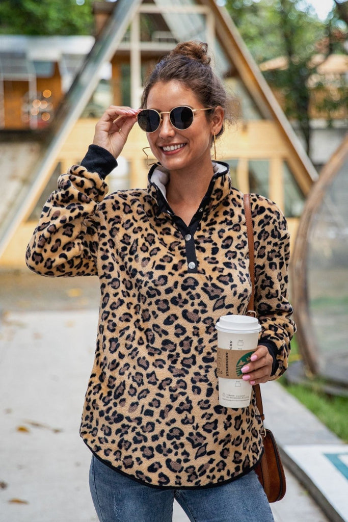 WOLFF Leopard Stehkragen Knöpfe Sweatshirt