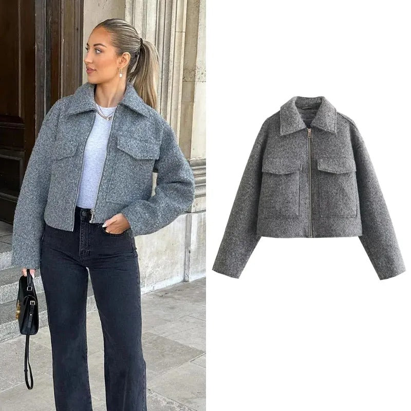 Wolff Tweed Jacket | Trendige, elegante kurze Frühlingsjacke mit Reißverschluss und umgeschlagenem Kragen für Damen