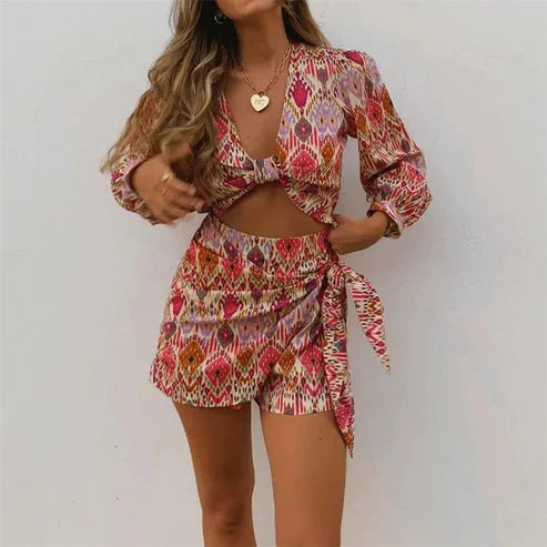 WOLFF - Crop Bluse und Wickelrock Shorts Set