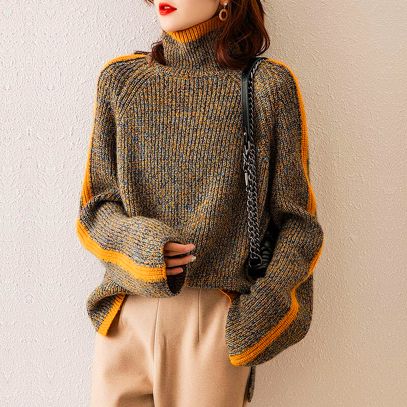 Wolff Sweater | Eleganter, übergroßer Rollkragenpullover mit orangefarbenem Streifen für Damen