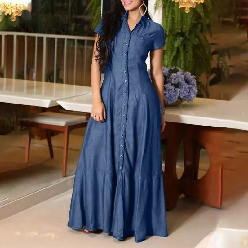 Wolff Kleid | Stilvolles langes Denim-Look Kleid mit Knöpfen und umgeschlagenem Kragen für Damen