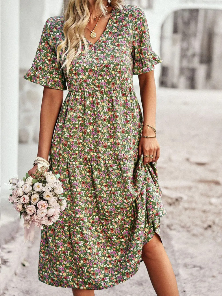 Wolff Kleid | Stilvolles lässiges Sommerkleid mit hoher Taille, Blumenmuster und V-Ausschnitt für Damen