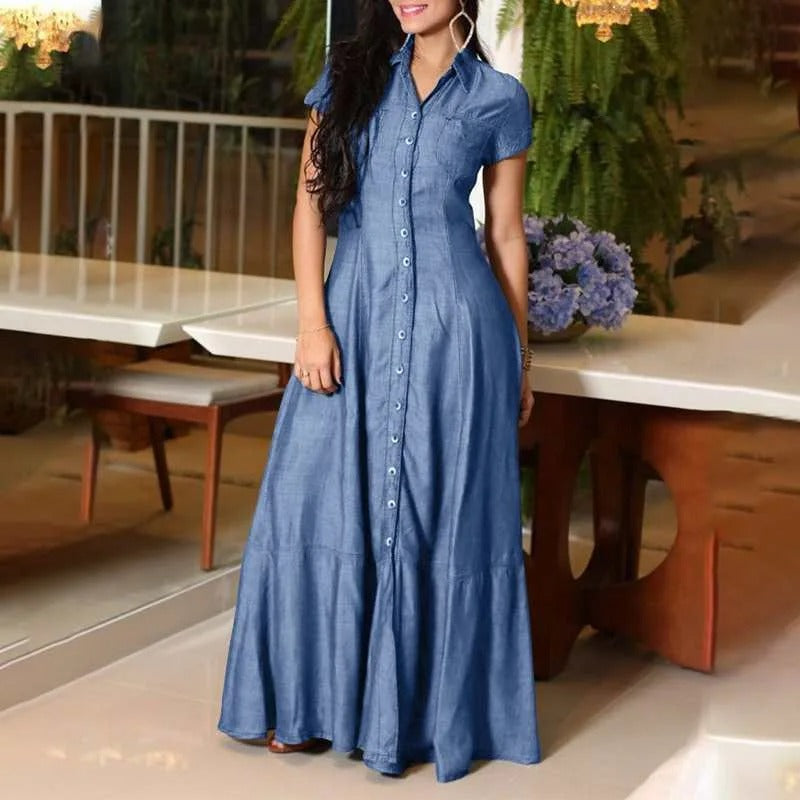 Wolff Kleid | Stilvolles langes Denim-Look Kleid mit Knöpfen und umgeschlagenem Kragen für Damen