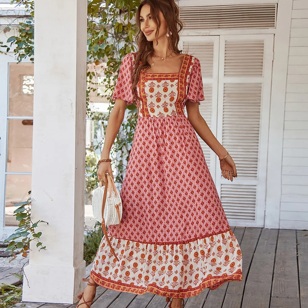 Wolff Kleid | Stilvolles langes Vintage-Blumenkleid mit eckigem Kragen im BOHO-Stil für Damen