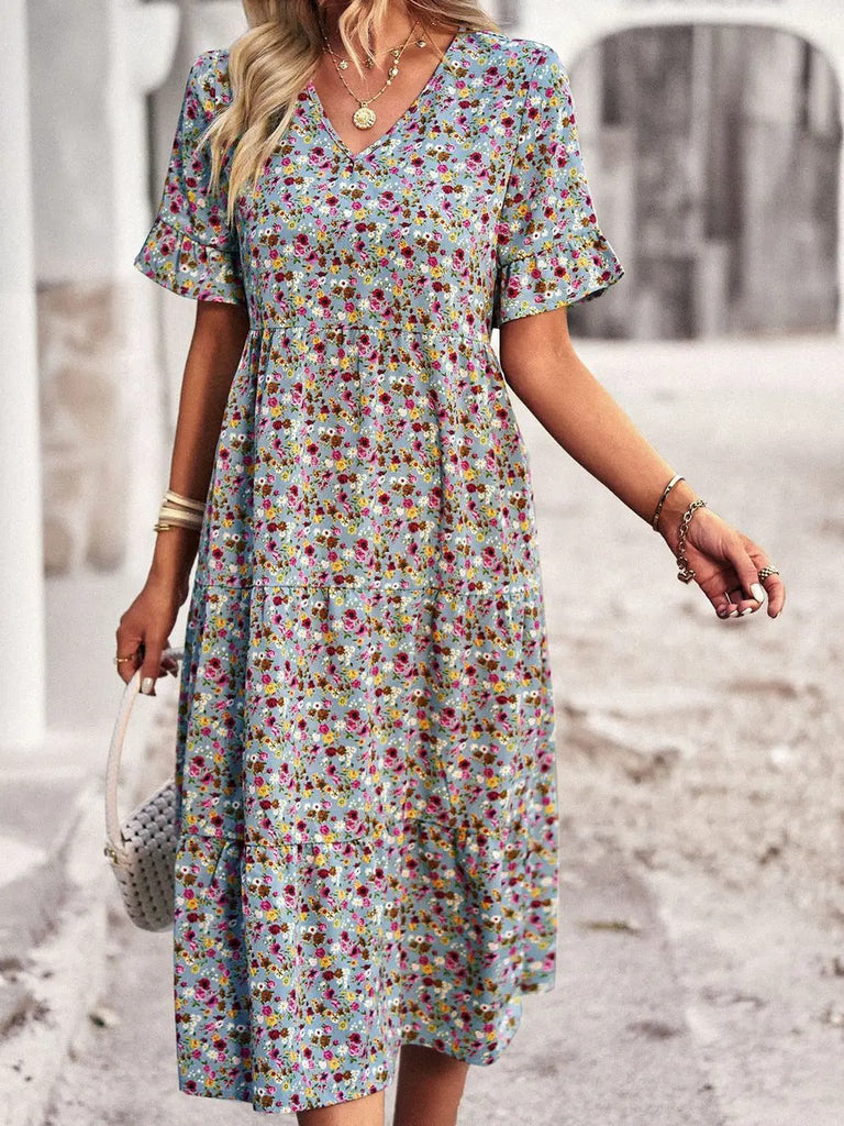 Wolff Kleid | Stilvolles lässiges Sommerkleid mit hoher Taille, Blumenmuster und V-Ausschnitt für Damen