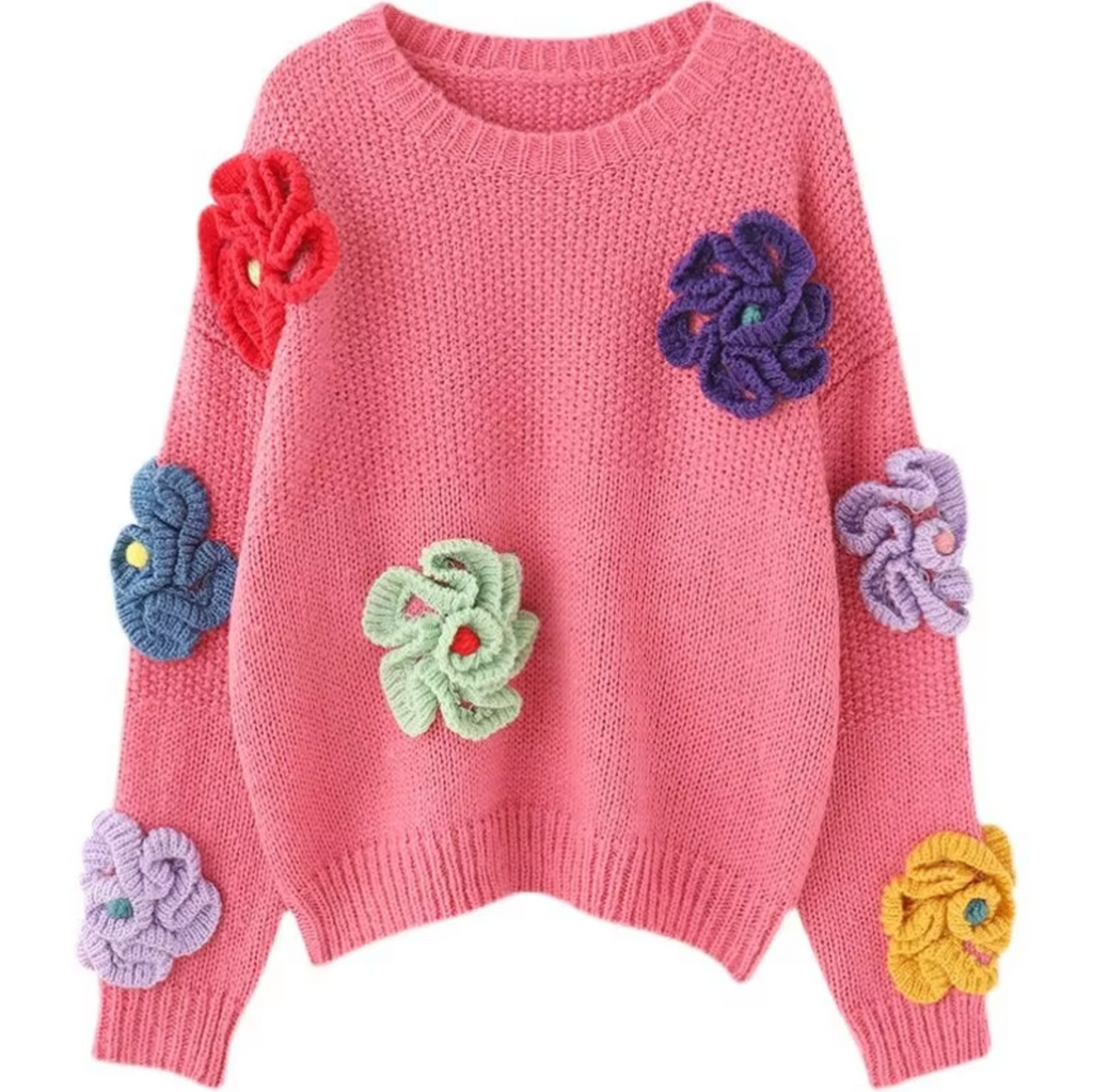 – Vintage 3D-Blumen-Strickpullover