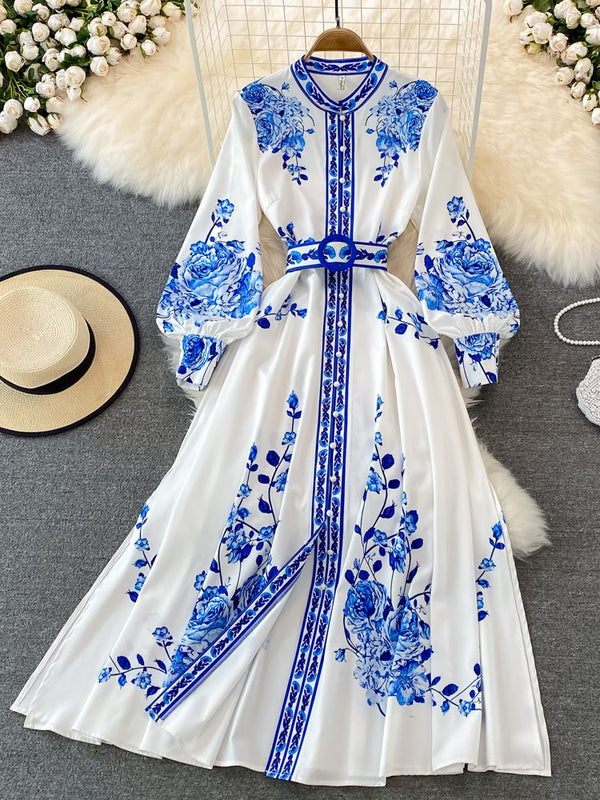 WOLFF Kleid mit Blumendruck Langes Laternenärmeliges Single Vintage